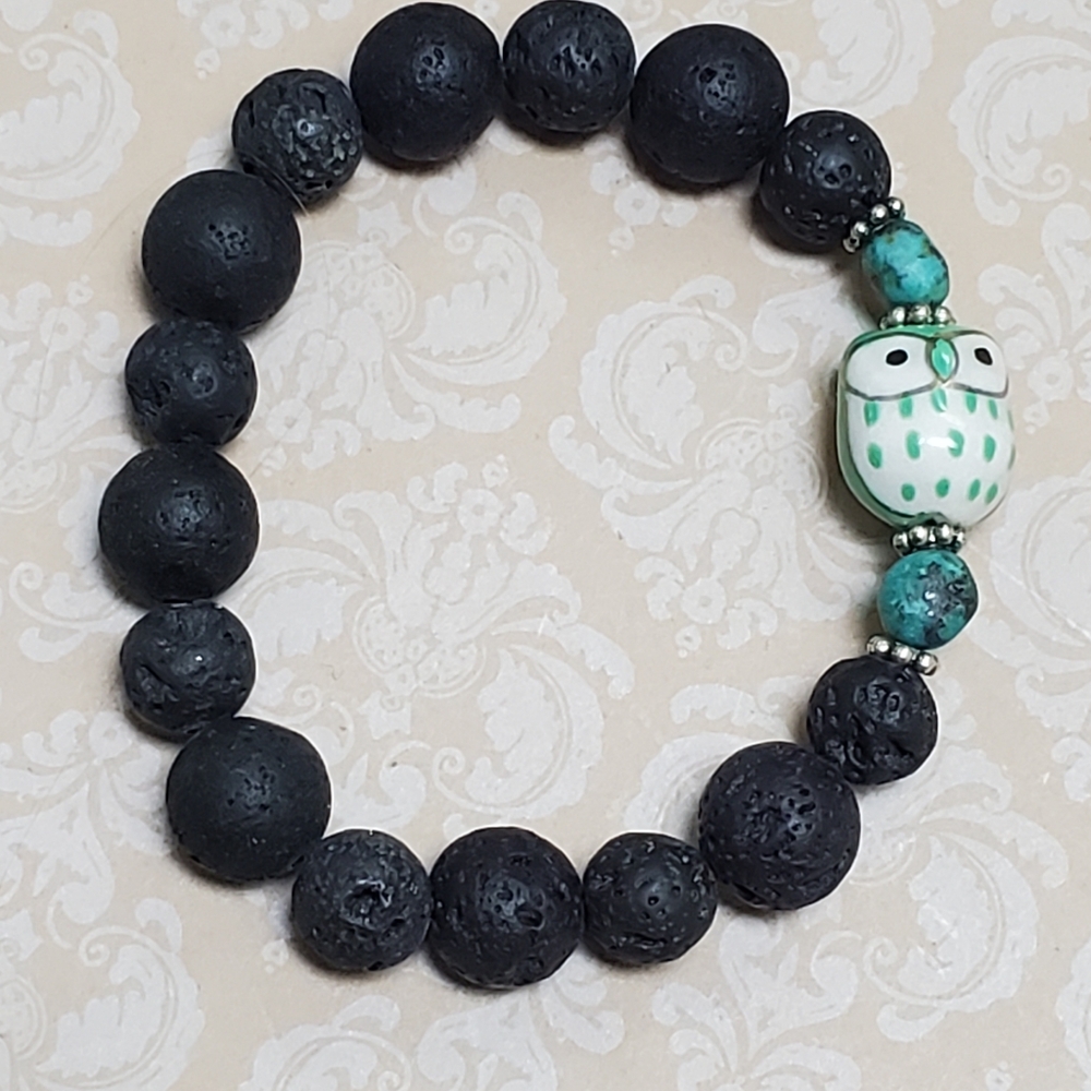 African Turquoise Owl Lavastone Beaded Crystal Bracelet